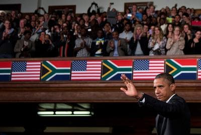 In this file photo, then-U.S. President Barack Obama speaks at the University of Cape Town Sunday, June 30, 2013, in Cape Town, South Africa. The visit comes as beloved former South African president and anti-apartheid hero Nelson Mandela lies very ill in a Johannesburg hospital. In deeply personal remarks Obama summoned young Africans to fulfill Mandela's legacy, challenging them to shore up progress on the continent that rests on a "fragile foundation." "Nelson Mandela showed us that one man's courage can move the world," he said. (Evan Vucci/AP)