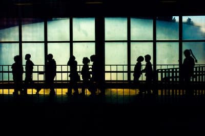 Lawrence's Arlington Middle School students walk through the main hallway on their way to class. (Jesse Costa/WBUR)
