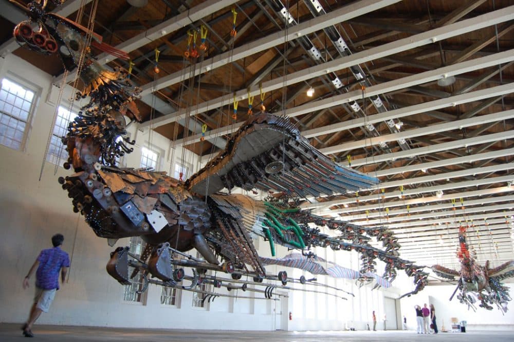 Xu Bing's "Phoenix" on view in the football field-size gallery of MASS MoCA's signature Building 5 last summer. (Greg Cook)