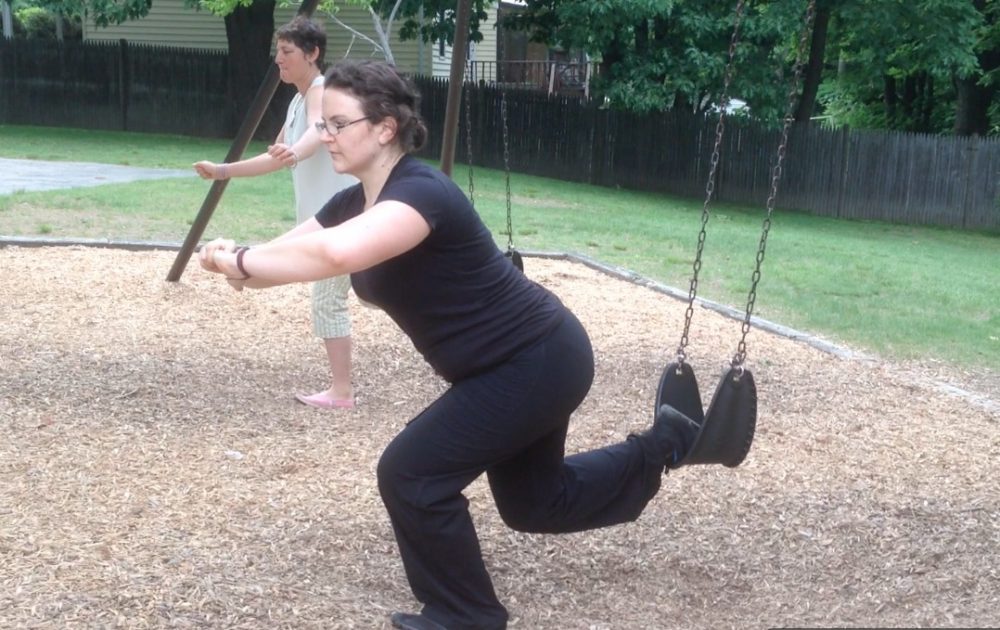 Kat Setzer demonstrates the swing split squat.