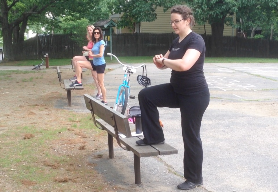 Kat demonstrates the bench step-up, having drawn in some local playground models.