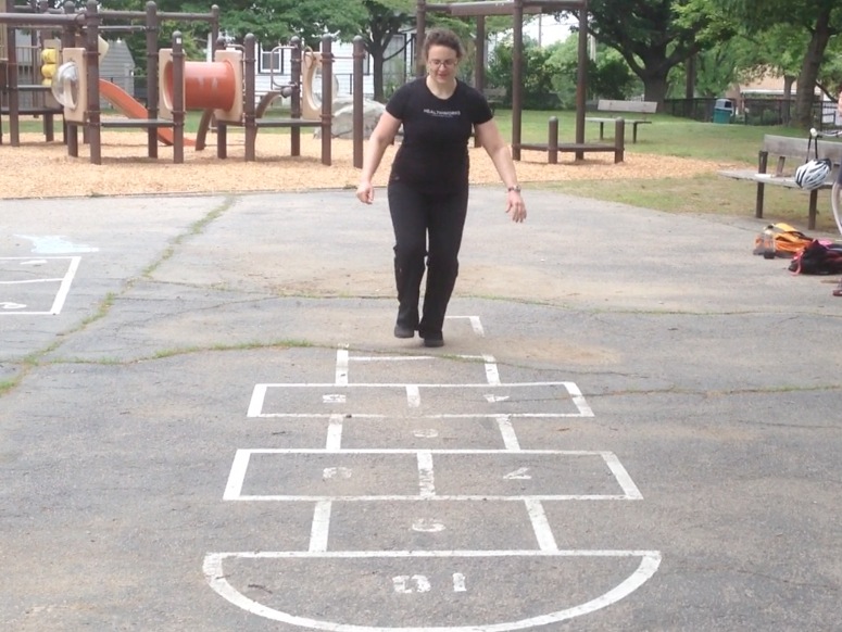 Kat demonstrates the the hopscotch drill.