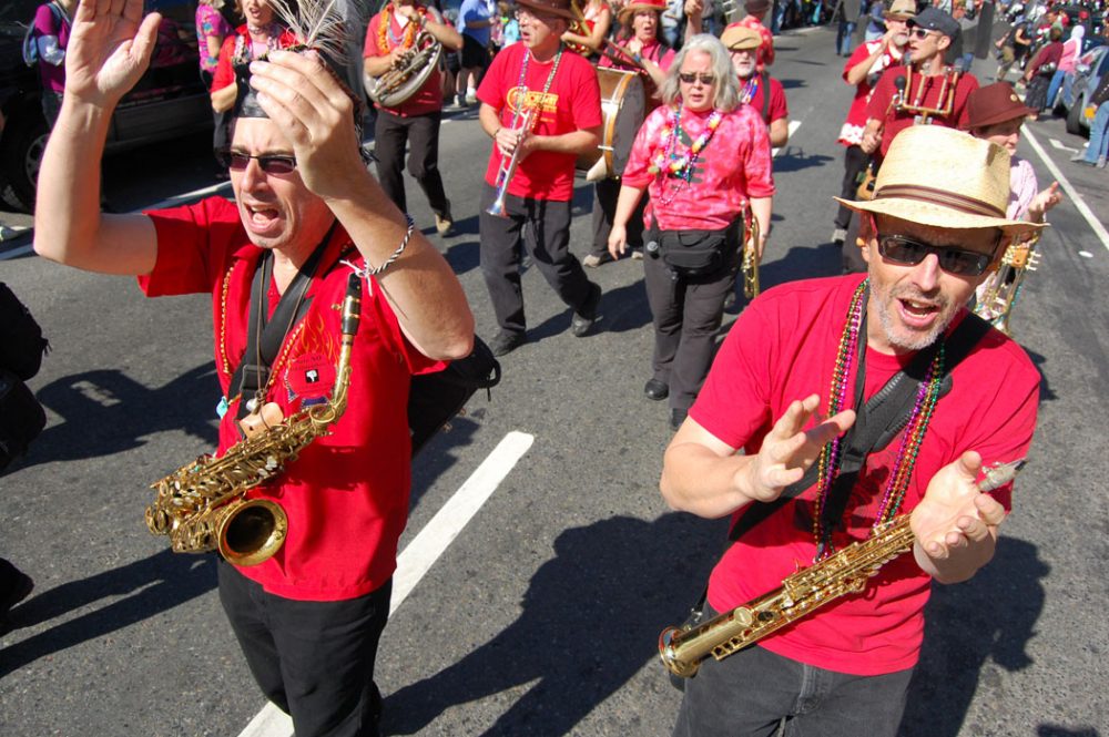 The Second Line Social Aid & Pleasure Society Brass Band marches in the 2008 Honk Parade in Somerville. (Greg Cook/WBUR)