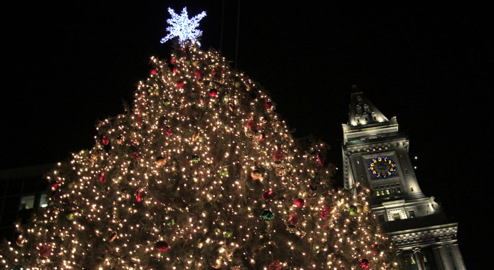 Miriam Stein: "What really makes me feel like I don’t belong are the official ways that Christmas is celebrated in our supposedly secular country. December 25 is a legal holiday. Many public offices feature wreaths and Santa Claus, symbols of the season." Pictured: Christmas lights glow on the tree at Faneuil Hall in Boston. (Charles Krupa/AP)