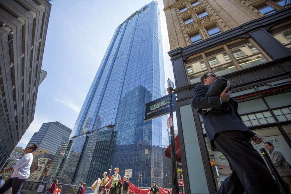 A view of the almost-fully constructed Millennium Tower from the corner of Washington and Bromfield streets. (Jesse Costa/WBUR)