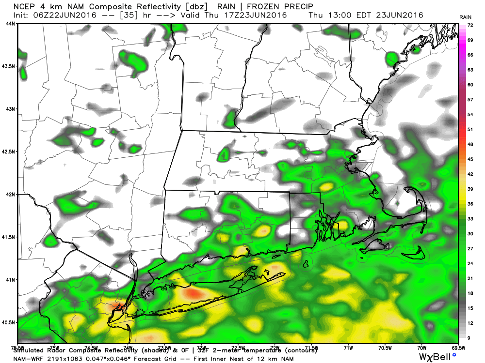 Projected rainfall totals for Thursday. (Courtesy Weatherbell Analytics)