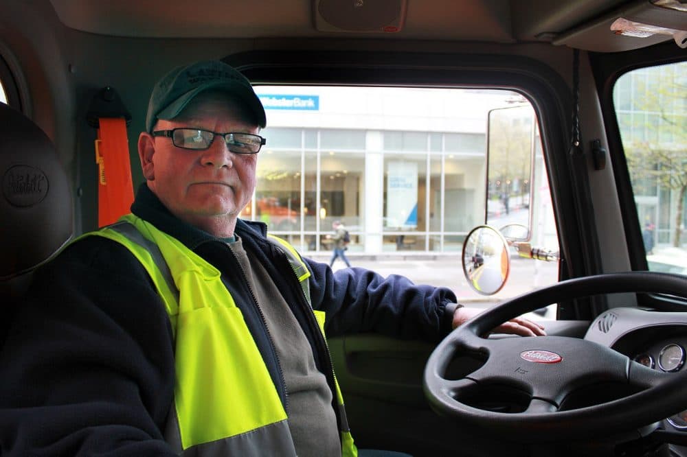 Bill Hannafin does street cleaning and graffiti removal for the city of Cambridge. (Ben Swasey/WBUR)