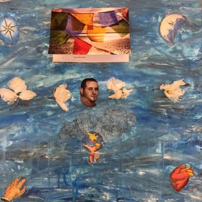 In one of Angela's paintings, the picture of Atlas carrying the earth signifies Jonathan’s pain, as though he were bearing the weight of the world on his shoulders. (Courtesy of Angela Kelly)