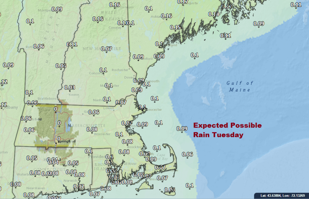 Possible rainfall from showers on Tuesday. Notice how small the amounts are forecast. (Dave Epstein/WBUR)