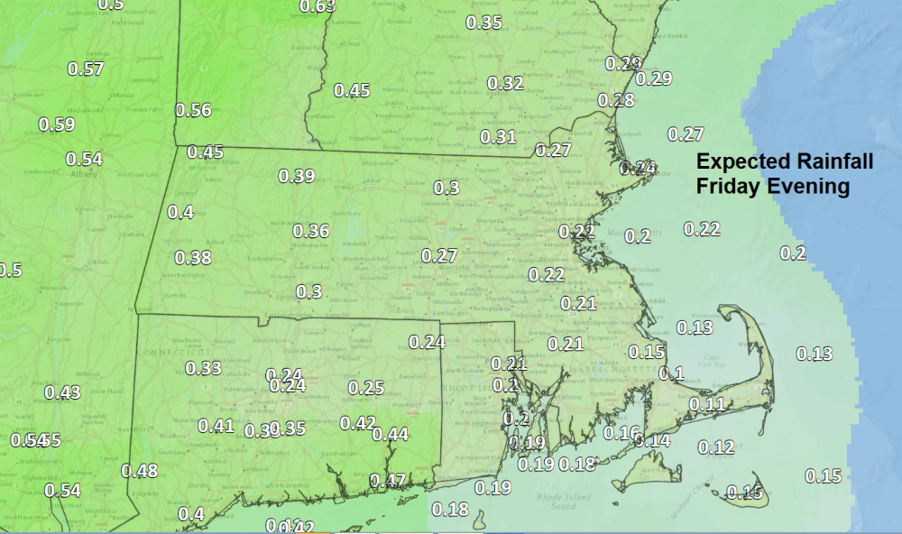 Expected rainfall on Friday evening. Some areas will miss showers while others see heavier downpours. (David Epstein/WBUR)