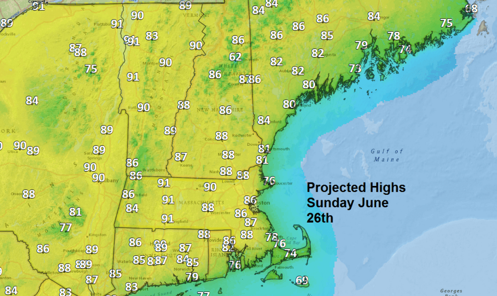 Expected high temperatures on Sunday. (David Epstein/WBUR)