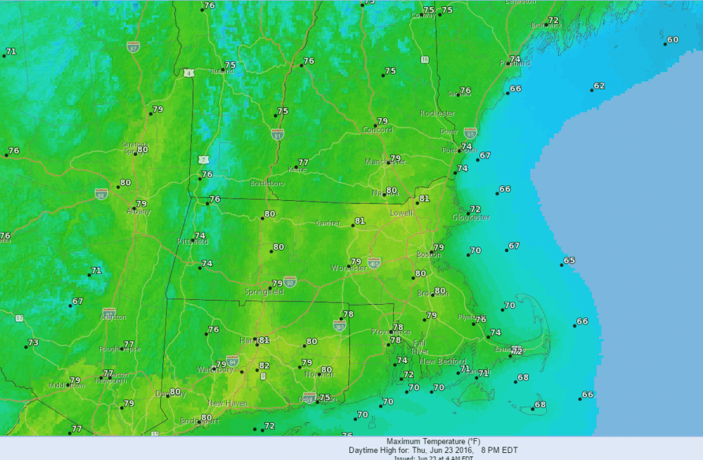 High temperatures forecast for today. (Dave Epstein/WBUR)