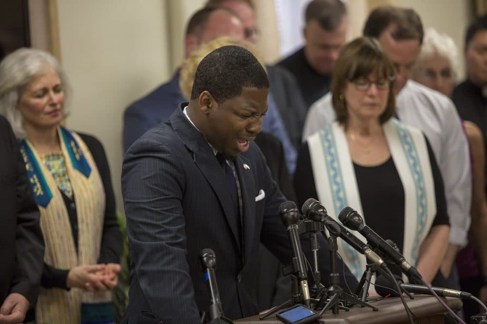 The Rev. Willie Bodrick of the Twelfth Baptist Church in Roxbury speaks at a prayer rally Friday. (Jesse Costa/WBUR)