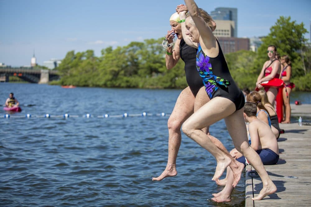 Lynne Karsten and Karen Edlund of Somerville jump into the Charles River together on Tuesday afternoon. (Jesse Costa/WBUR)