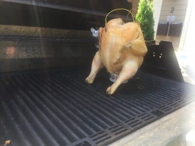 Greg Blonder's beer can chicken. He recommends using a hollow, metal stand instead of a beer can for best results. (Alison Bruzek/WBUR)
