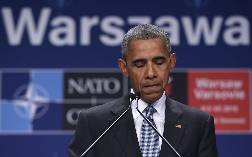 President Obama speaks about the events in Dallas at the beginning of his news conference at PGE National Stadium in Warsaw, Poland, on Saturday. (Susan Walsh/AP)