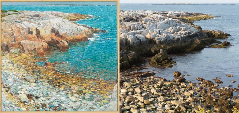 Childe Hassam's painting entitled "Broad Cove" next to a photograph of the location. (Image of painting courtesy of Honolulu Art Museum, Photograph courtesy Kathy Tarantola/PEM)