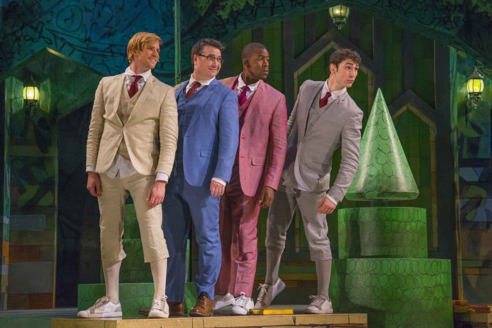 Dumain (Nash Hightower), King of Navarre (Justin Blanchard), Berowne (Jason Bowen), Longaville (Dalton Davis) in CSC's "Love's Labour's Lost." (Courtesy Andrew Brilliant)