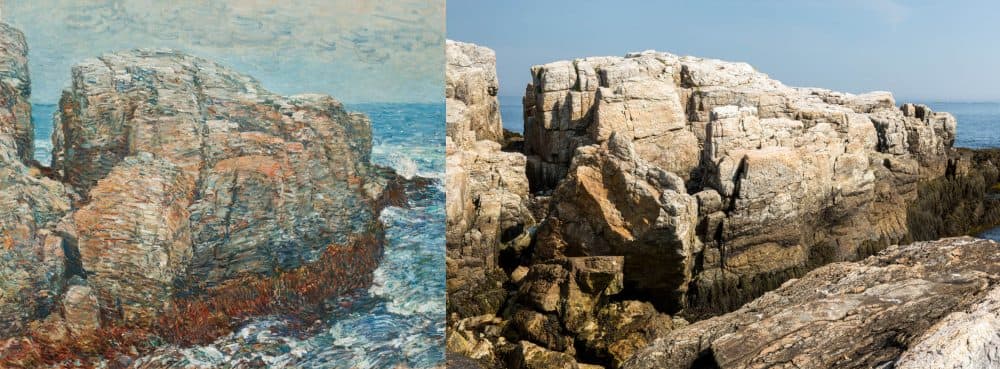 Childe Hassam's painting entitled "Sylph's Rock" of a trap dyke is seen next to a photograph of the location on Appledore Island. (Image of painting courtesy of Worcester Art Museum. Photograph courtesy Kathy Tarantola/PEM)