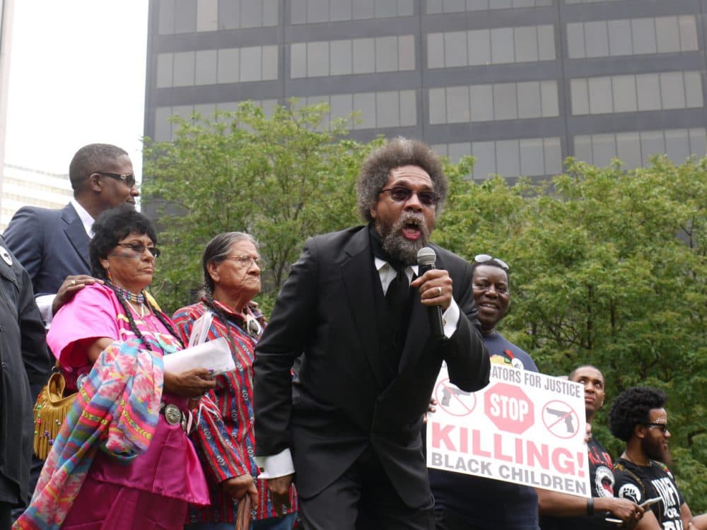 There were several protests during the week of the RNC drawing attention to police violence against black people. Cornel West speaks at a black unity rally. (Alex Ashlock/WBUR)