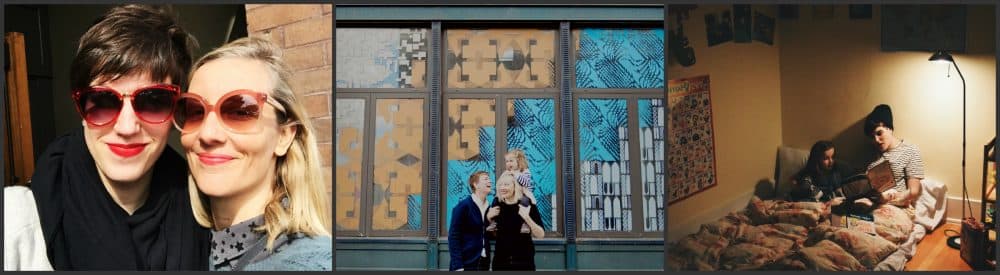 from left: Therese Littleton and Jennifer Hauseman with their daughter Amelia (Photo by Sarina Cass of Red Anchor Photo), Jen Hauseman with Amelia's birth mother Lauren (courtesy), Lauren and Amelia (courtesy)