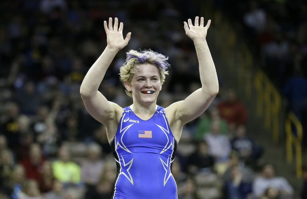 Elena Pirozhkova celebrates after winning 63 kg women's final match at the U.S. Olympic Wrestling Team Trials on April 9, 2016, in Iowa City, Iowa. (Charlie Neibergall/AP)
