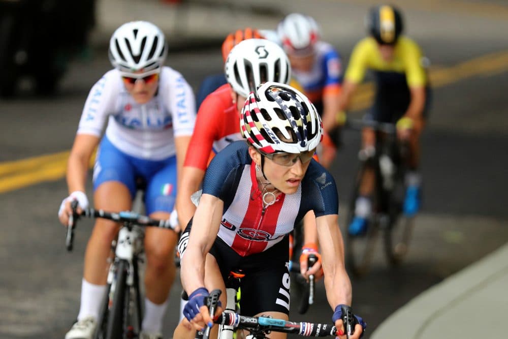 Mara Abbott of the United States leads Annemiek van Vleuten of the Netherlands during the Women's Road Race on Day 2 of the Rio 2016 Olympic Games at Fort Copacabana on August 7, 2016 in Rio de Janeiro, Brazil. (Bryn Lennon/Pool Photo via AP)