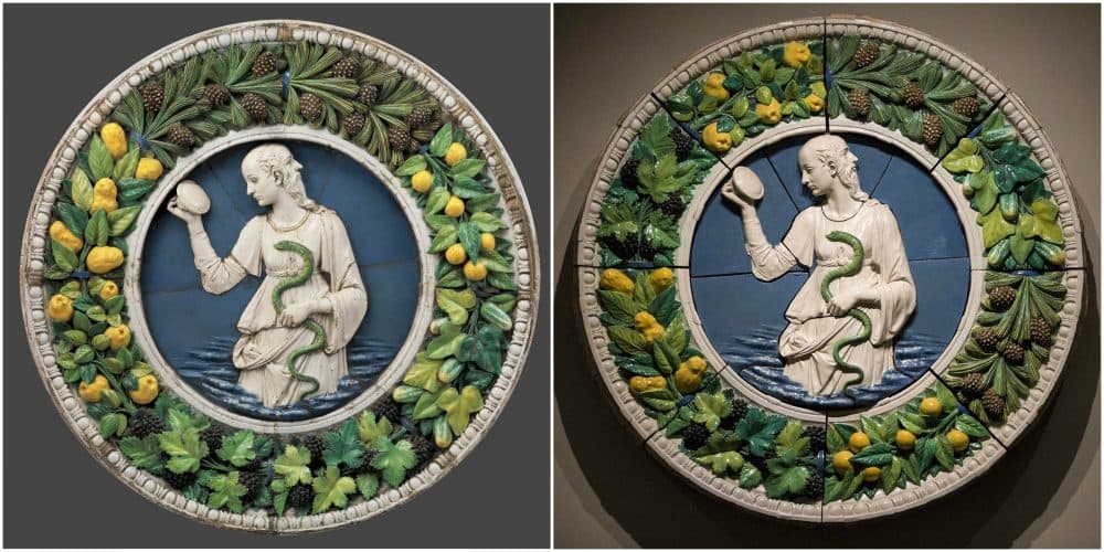 "Prudence" has a numbering system that explains how to put it together. The team initially assembled it in the wrong order (shown on the left), but rearranged it in Della Robbia's intended way for the exhibition (shown on the right). (Courtesy MFA and Jesse Costa/WBUR)