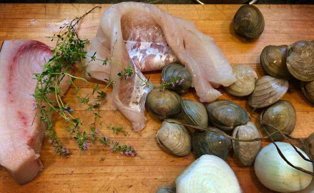 The ingredients for Kathy's summer clam and fish chowder. (Kathy Gunst for Here & Now)