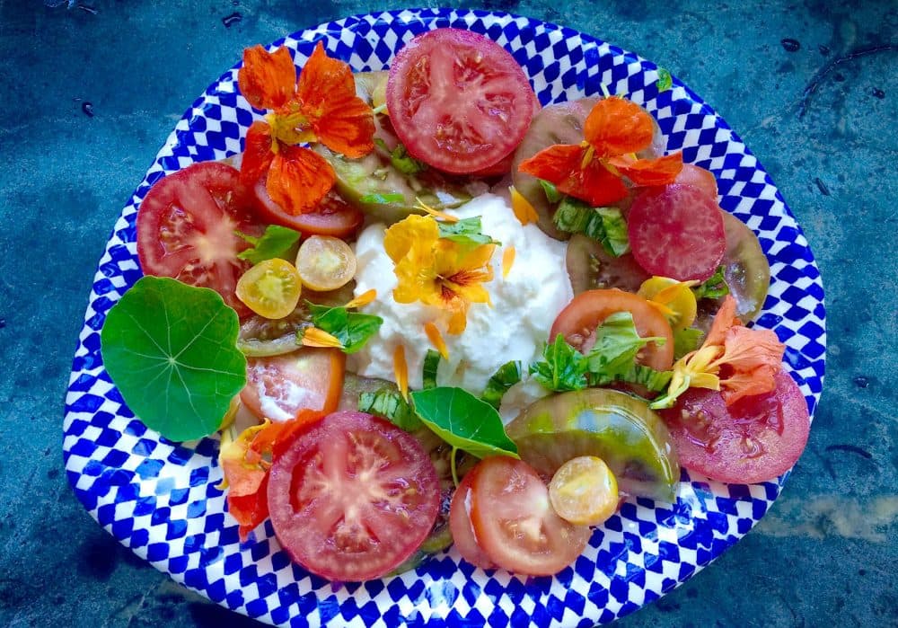 Kathy's tomato salad with burrata. (Kathy Gunst for Here & Now)