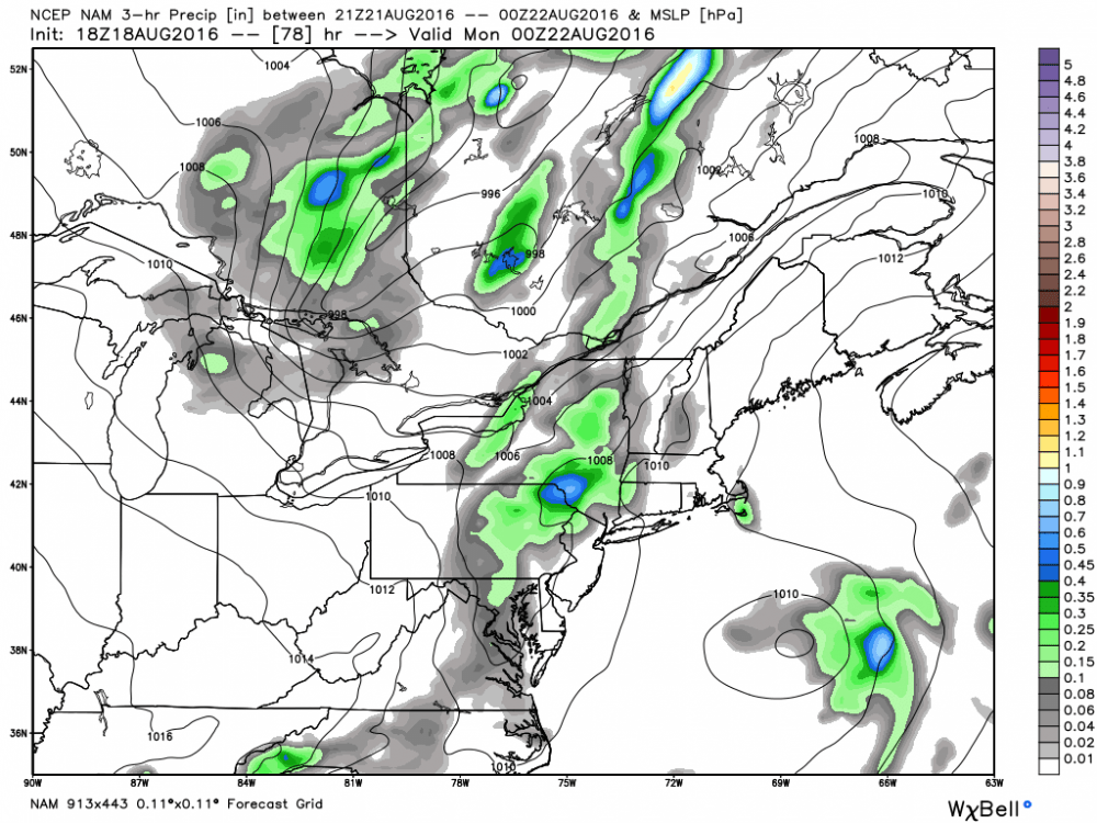 Green and blue areas are showers entering western New England on Sunday afternoon. (Courtesy Weatherbell Analytics)