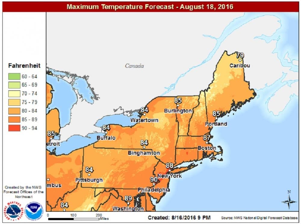 High temperatures forecast for Thursday (Courtesy NOAA)