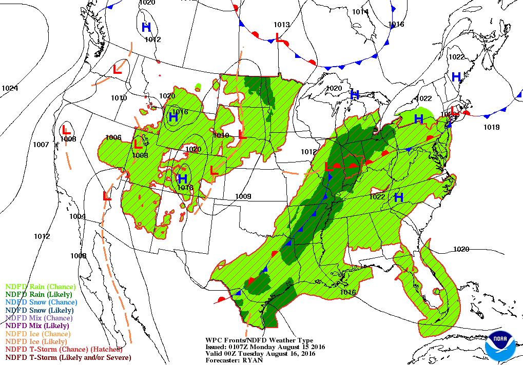 Monday evening rain will stay to the west of New England. (Courtesy NOAA)