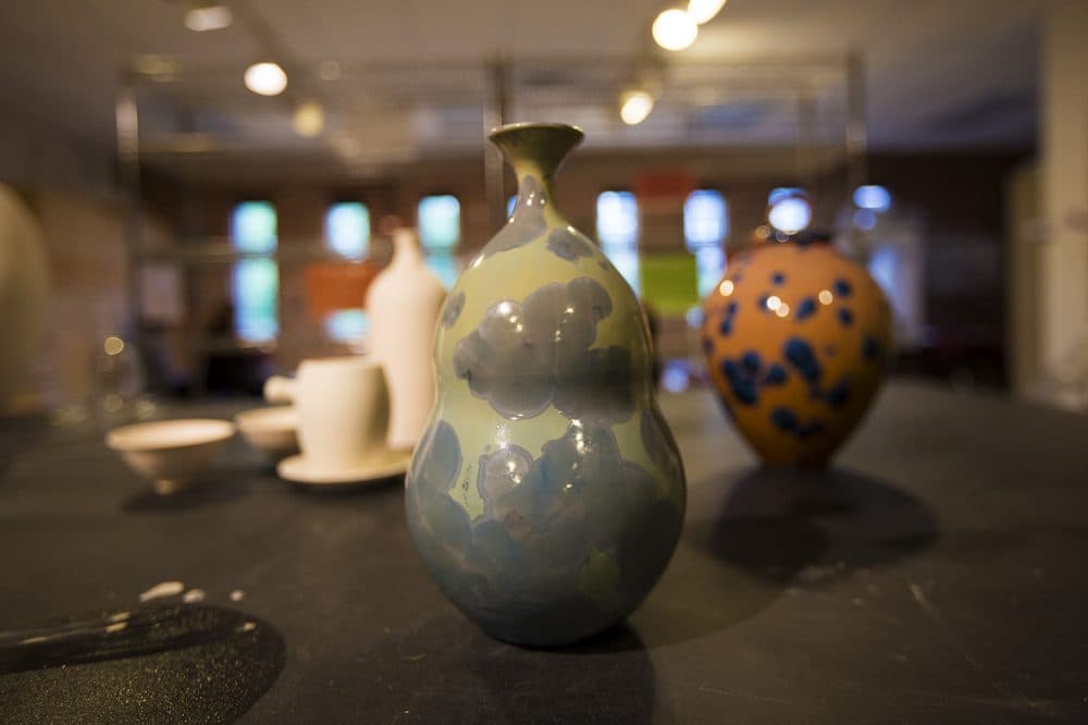 A few of Jackson Fyfe's pieces of pottery. (Jesse Costa/WBUR)