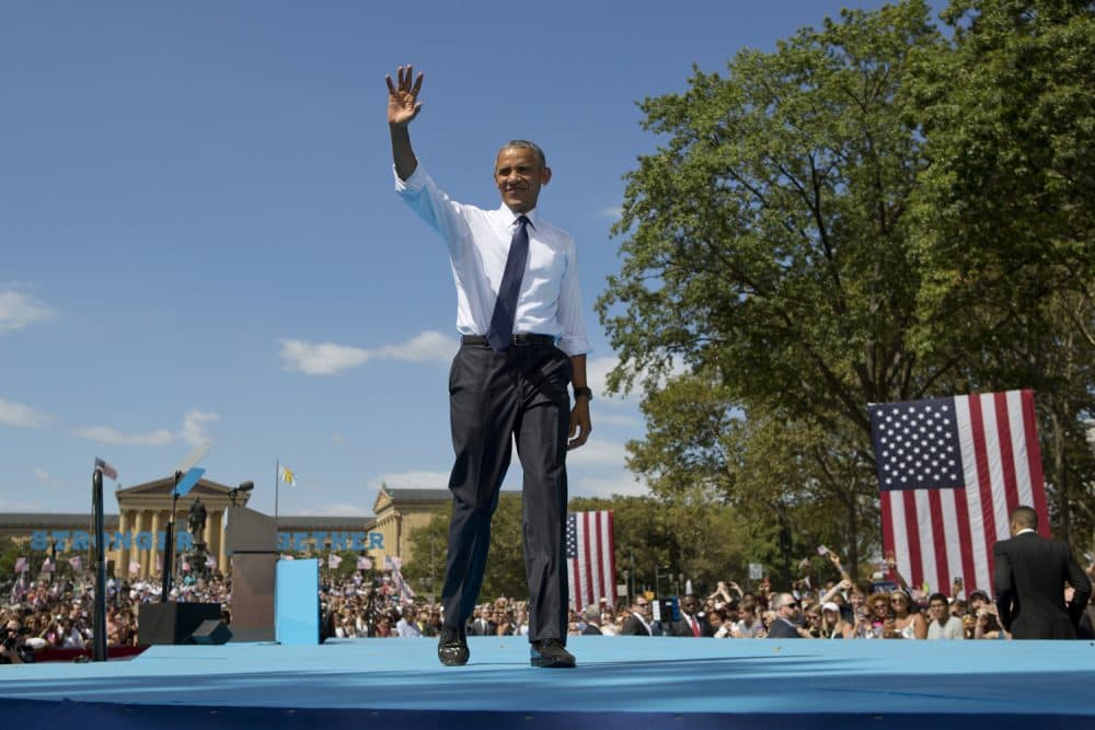 With the Philadelphia Museum of Art in the background President Barack Obama waves as he arrives to speak at campaign event for Democratic presidential candidate Hillary Clinton in Philadelphia. (Carolyn Kaster/AP)