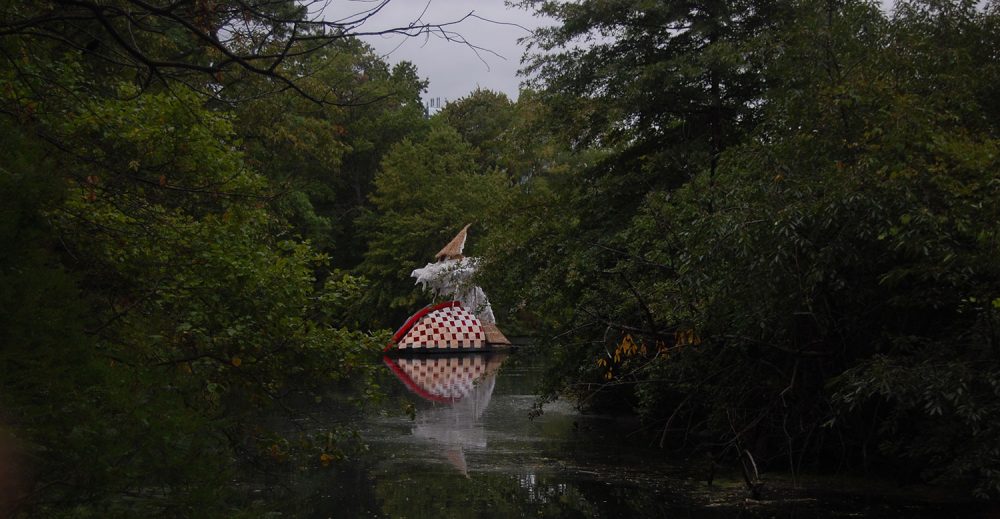 Caoimhghin Ó Fraithile's "South of Hy-Brasil" floats in Boston's Back Bay Fens. (Greg Cook/WBUR)