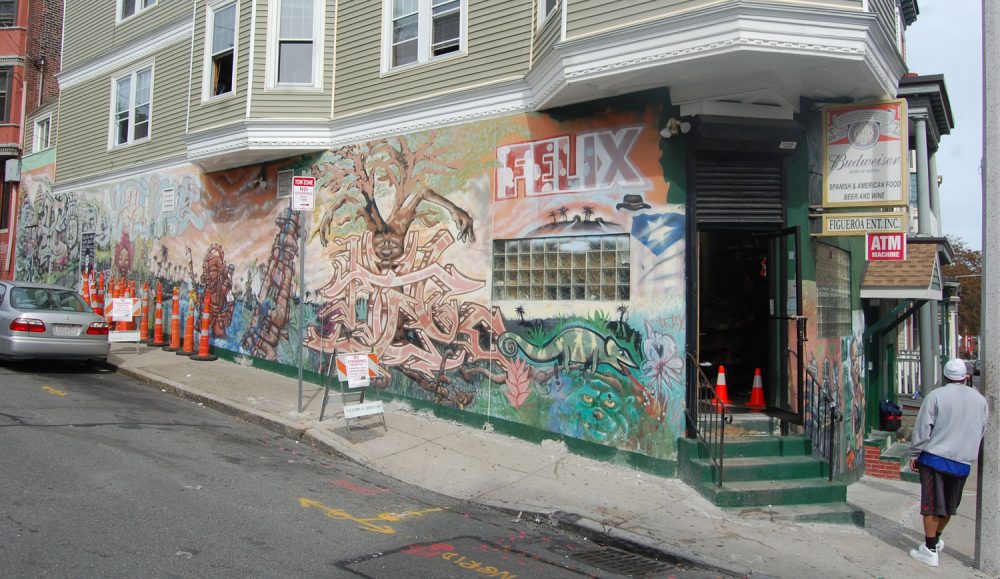Mural at Felix (Figueroa) market in Boston. (Greg Cook)
