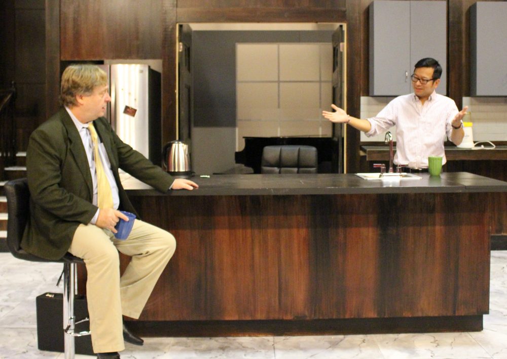 Steven Barkhimer and Michael Tow in a rehearsal shot from "Warrior Class" at the Lyric Stage Company of Boston. (Courtesy of Alex Speir)