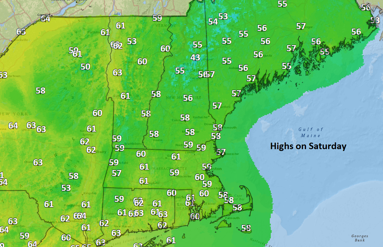 Highs on Saturday will be cool, but Sunday's highs will be a bit warmer. (Dave Epstein/WBUR)