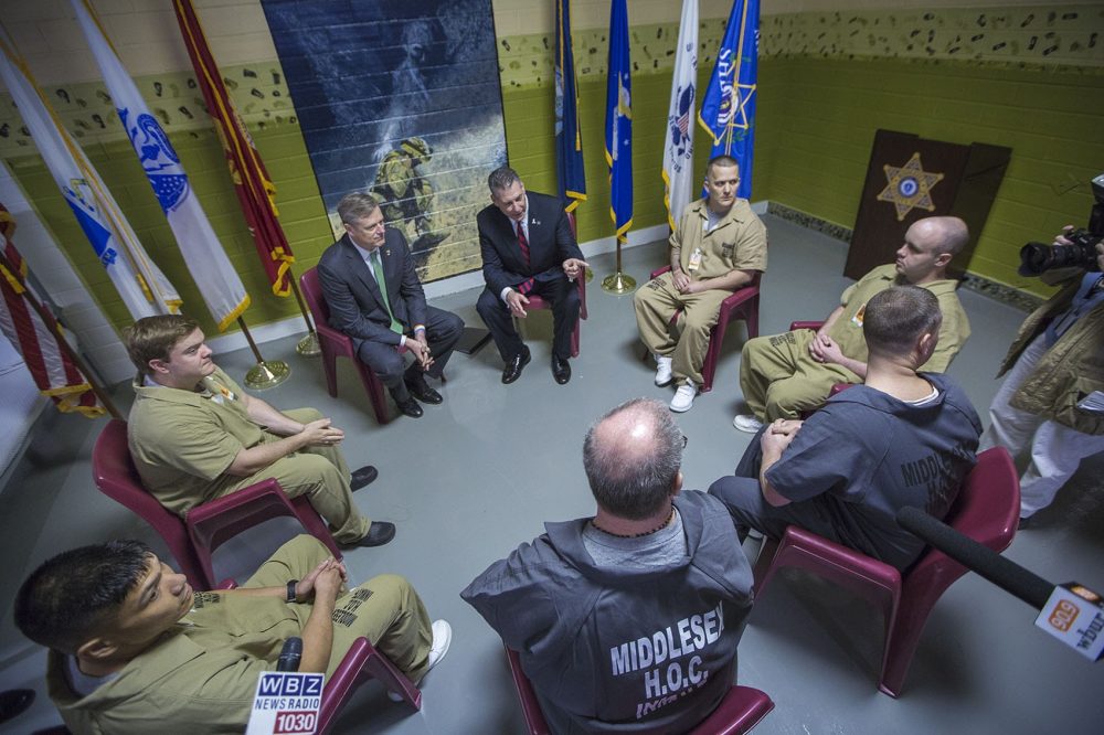 The Housing Unit for Military Veterans (HUMV) opened at the Middlesex Jail and House of Correction in January. Governor Charlie Baker and Middlesex Sheriff Peter J. Koutoujian conducted a round table discussion with a group of six incarcerated veterans from the unit. (Jesse Costa/WBUR)
