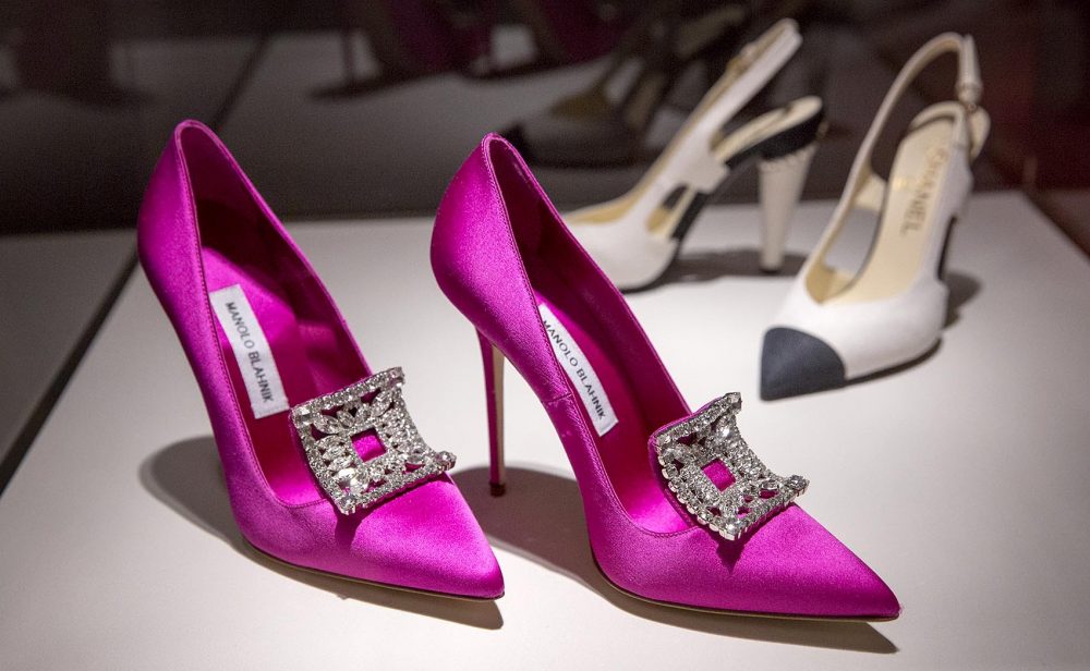 Manolo Blahnik's "Borlak," made of silk, crystals and leather. (Robin Lubbock/WBUR)