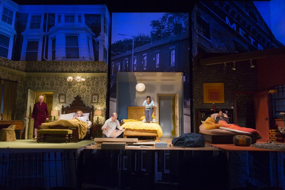 The three bedrooms of "Bedroom Farce," on stage at the BU Theatre. (Courtesy T. Charles Erikson/Huntington Theatre Company)