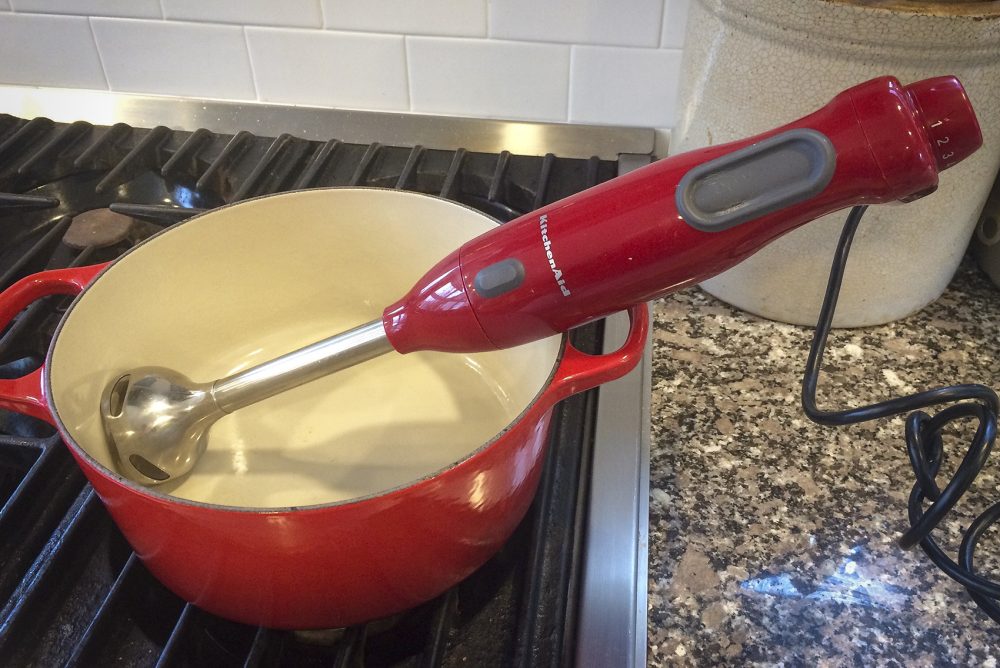 Kathy's immersion blender, used to make her escarole and white bean soup. (Kathy Gunst for Here & Now)