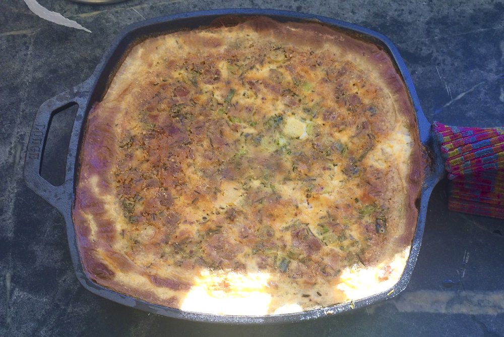 Kathy's breakfast sausage and buttermilk-chive skillet corn bread casserole. (Kathy Gunst for Here & Now)