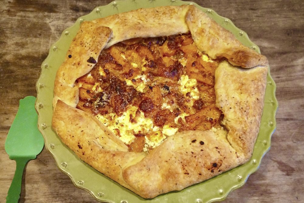 Kathy's butternut squash, red onion and feta crostada. (Kathy Gunst for Here & Now)