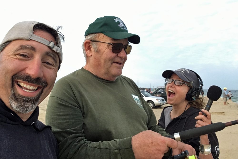 Paul Schultz (center) with Here & Now's Robin Young and another angler on Martha's Vineyard. (Courtesy George Lucozzi)