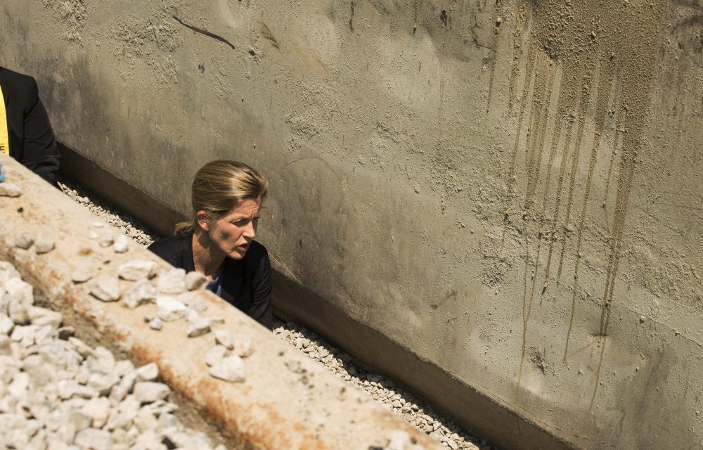 Nearly 200 people have been arrested in non-violent acts of civil disobedience opposing the pipeline -- many jumping into open trenches, chaining themselves to pipes and equipment. Here, Karenna Gore, daughter of former Vice President Al Gore, protests at the pipeline site in June. (Kori Feener via AP)