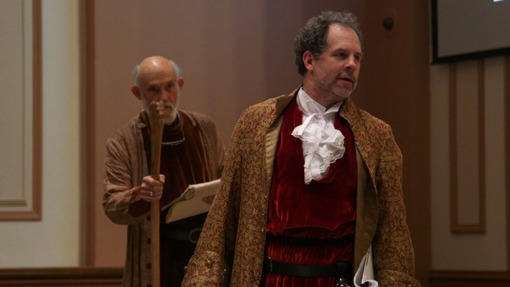 David Gullette rehearses as Merlin and Benjamin Evett as King Arthur. (Courtesy Poets' Theatre)