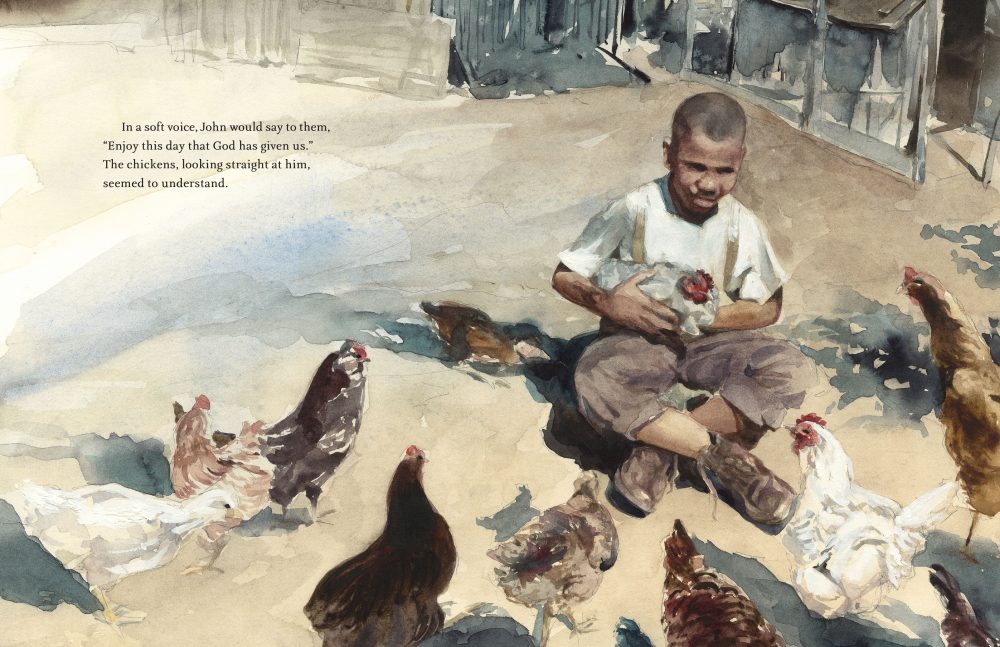 Interior image of "Preaching to the Chickens: The Story of Young John Lewis" written by Jabari Asim and illustrated by E. B. Lewis. (Courtesy Penguin Random House)