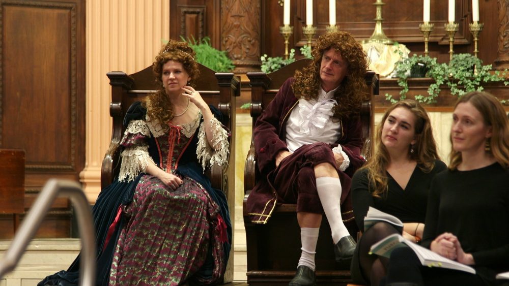Erin Anderson, Ken Cheeseman, Katherine Growdon and Emily Howe in rehearsal for "King Arthur." (Courtesy Poets' Theatre)